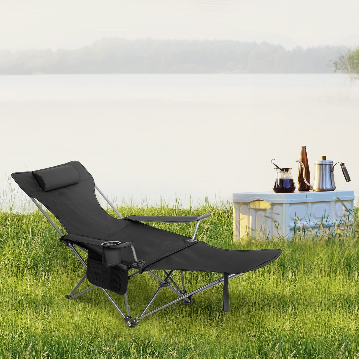 WOLTU Set de 2 Sillas de Camping Plegables, Sillas Portátiles para Picnic, Playa, Jardín, Pesca, con Portavasos, Color Negro, Livianas y Compactas