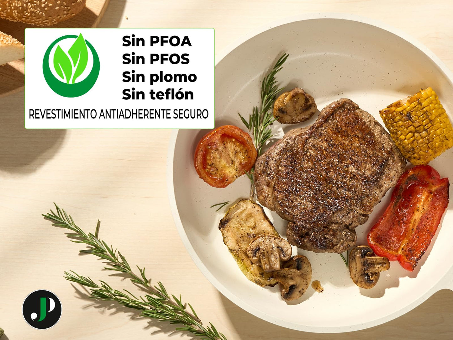 Just Perfecto Batería de Cocina 15 Piezas, Antiadherente, Aluminio, Inducción, Beige