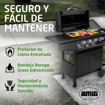 Amig Barbacoa de Gas Fireplus 4+1 de 9,3 kW, Parrilla XXL con Carro y Termómetro, 5 Quemadores, Bandeja Lateral, Acero Inoxidable Negro, 126x52x103 cm