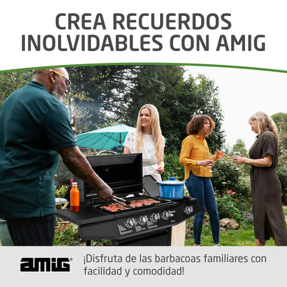 Amig Barbacoa de Gas Fireplus 4+1 de 9,3 kW, Parrilla XXL con Carro y Termómetro, 5 Quemadores, Bandeja Lateral, Acero Inoxidable Negro, 126x52x103 cm