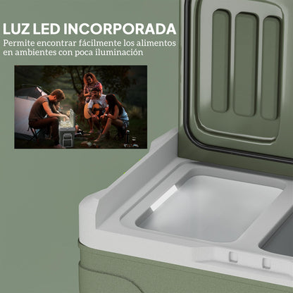 Outsunny Nevera Portátil Eléctrica 45L Refrigerador de Coche -20℃ a +20 ℃ 12V/24V Mini Frigorífico con Ruedas Compresor Pantalla LED Táctil para Hogar Camping Viajes Automóvil 64,5x43,5x53 cm Verde