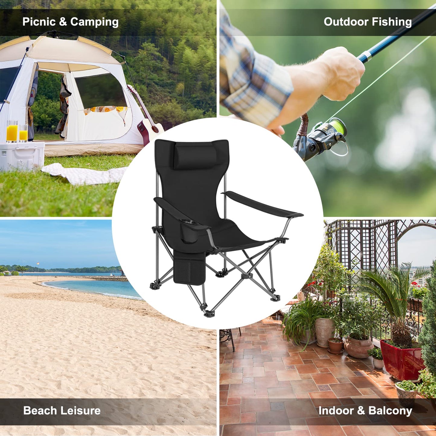 WOLTU Set de 2 Sillas de Camping Plegables, Sillas Portátiles para Picnic, Playa, Jardín, Pesca, con Portavasos, Color Negro, Livianas y Compactas