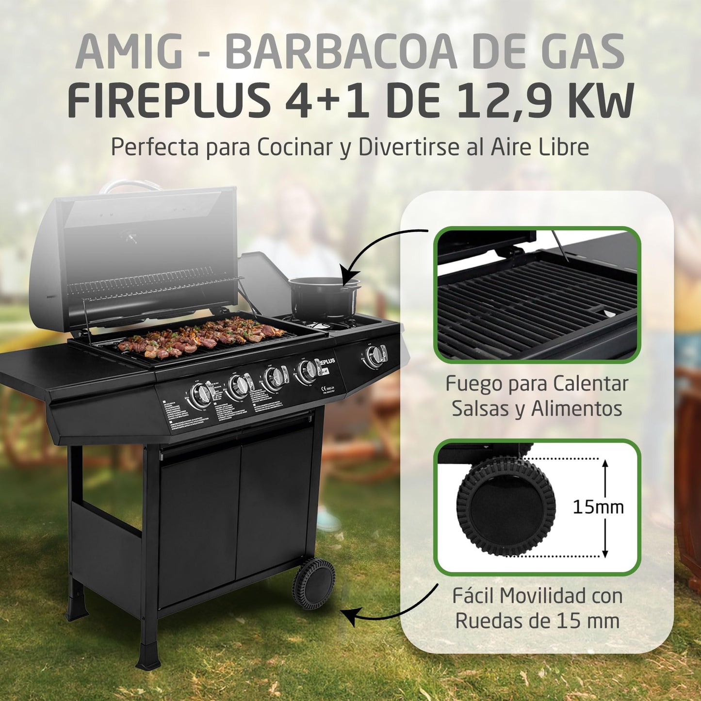 Amig Barbacoa de Gas Fireplus 4+1 de 9,3 kW, Parrilla XXL con Carro y Termómetro, 5 Quemadores, Bandeja Lateral, Acero Inoxidable Negro, 126x52x103 cm
