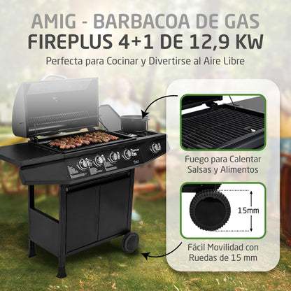 Amig Barbacoa de Gas Fireplus 4+1 de 9,3 kW, Parrilla XXL con Carro y Termómetro, 5 Quemadores, Bandeja Lateral, Acero Inoxidable Negro, 126x52x103 cm