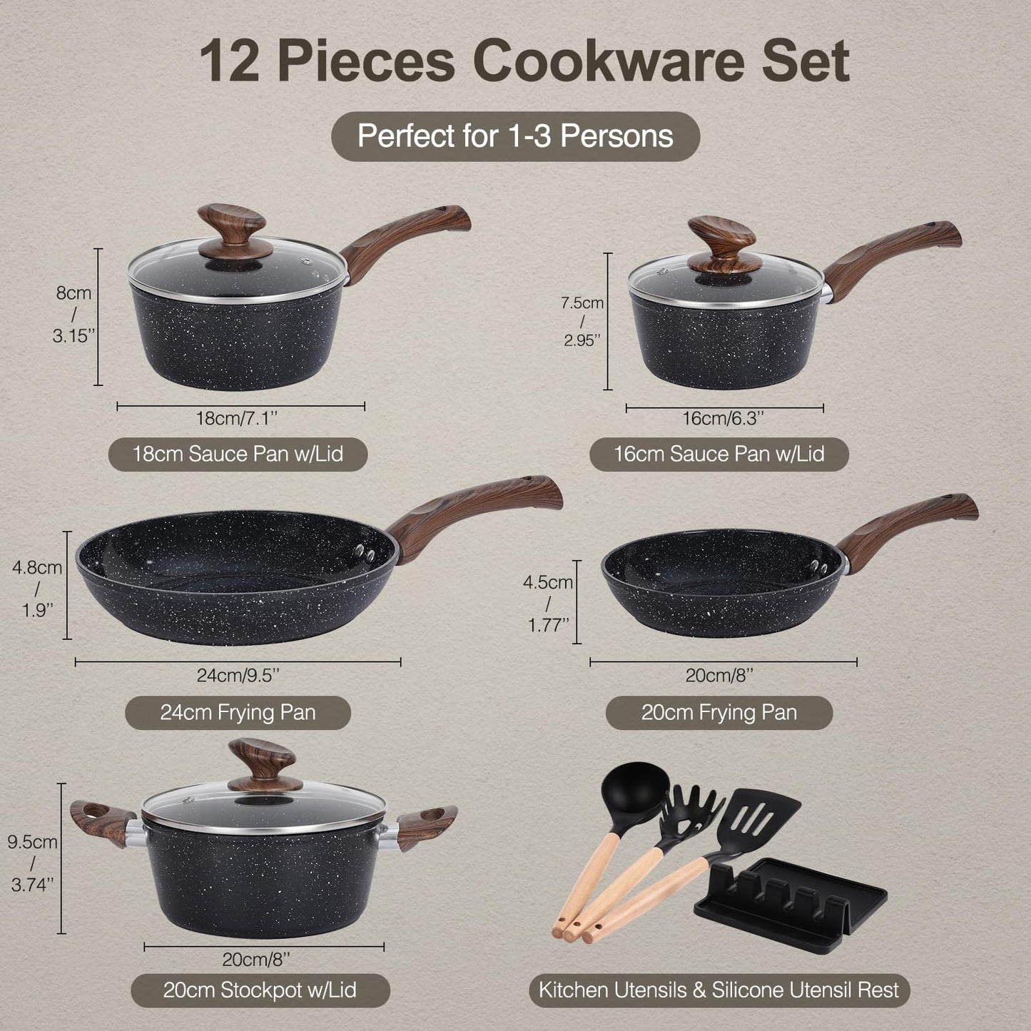 M MELENTA Batería de Cocina Inducción 12 Piezas, Cerámica Antiadherente, Negro