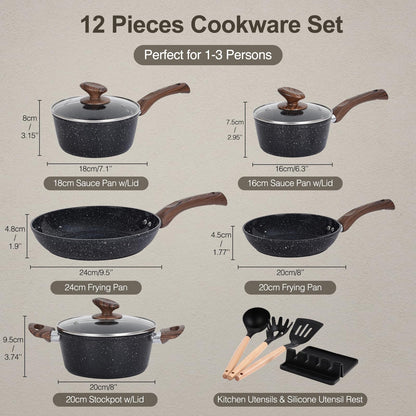 M MELENTA Batería de Cocina Inducción 12 Piezas, Cerámica Antiadherente, Negro