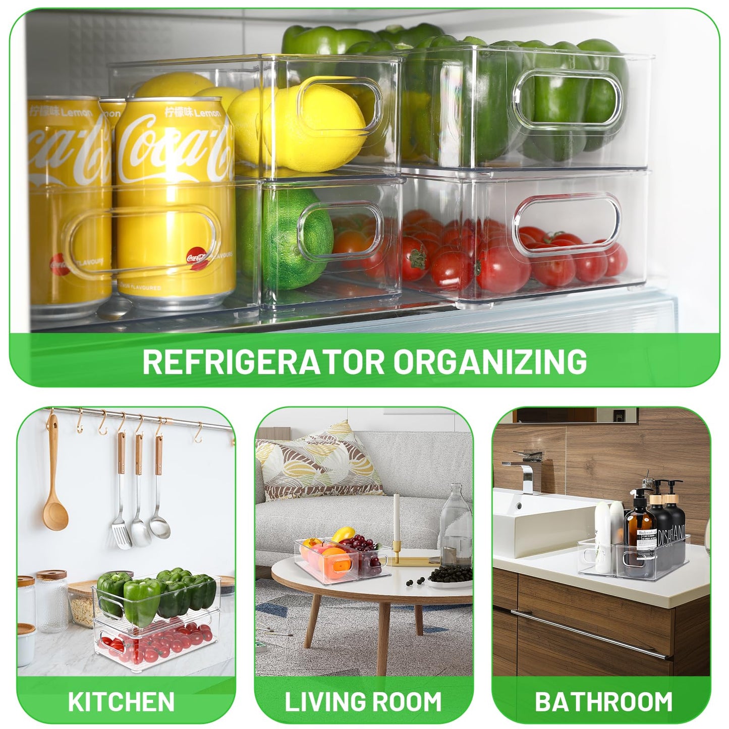Royouzi 10-Piece Refrigerator Organizer, 2 Sizes, Stackable, Transparent, BPA-Free