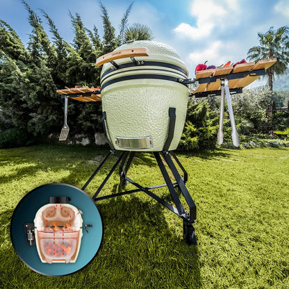 Cecotec Kamado Barbacoa de Carbón Cerámica Ø 60cm DragonFire 6000, Asa, Ahuma, Hornea y Guisa, Resistente a 1000°C, Soporte de Hierro Fundido, Cámara Hermética, Con Ruedas y Termómetro
