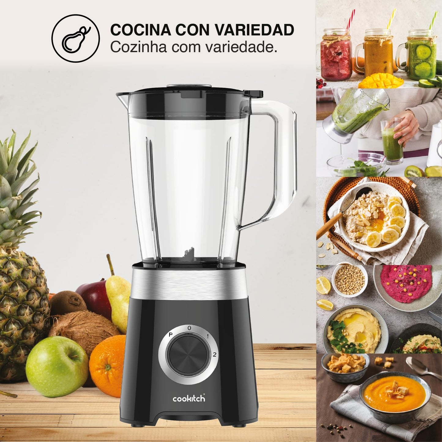 COOKITCH Batidora de Vaso 1.5L, 500W, Jarra de Plástico, 2 Velocidades + Pulso
