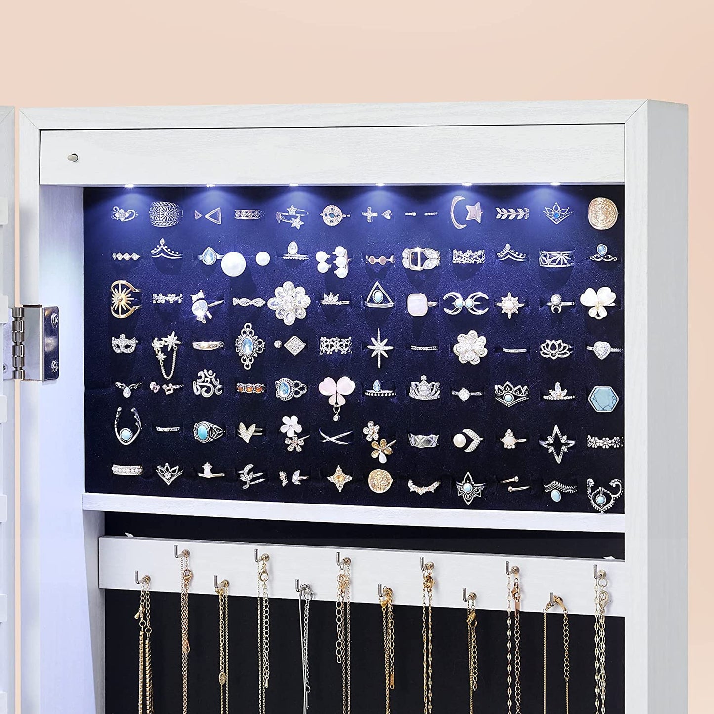 SONGMICS Espejo Joyero con 6 LEDs, Montado en Puerta o Pared, con Cerradura y 2 Cajones, Blanco