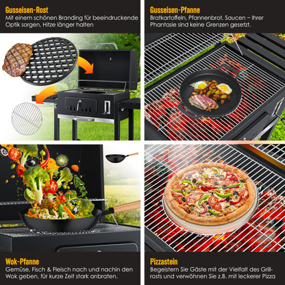 KESSER® Parrilla de Carbón con Carrito y Tapa, Ruedas y Mango de Acero Inoxidable, BBQ Grande con Termómetro para Camping, Terraza y Jardín, XXL, Color Negro