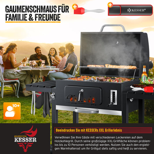 KESSER® Parrilla de Carbón con Carrito y Tapa, Ruedas y Mango de Acero Inoxidable, BBQ Grande con Termómetro para Camping, Terraza y Jardín, XXL, Color Negro