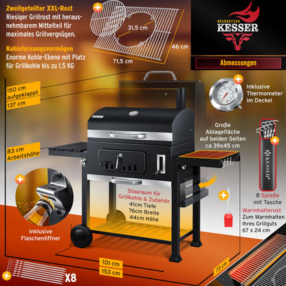 KESSER® Parrilla de Carbón con Carrito y Tapa, Ruedas y Mango de Acero Inoxidable, BBQ Grande con Termómetro para Camping, Terraza y Jardín, XXL, Color Negro