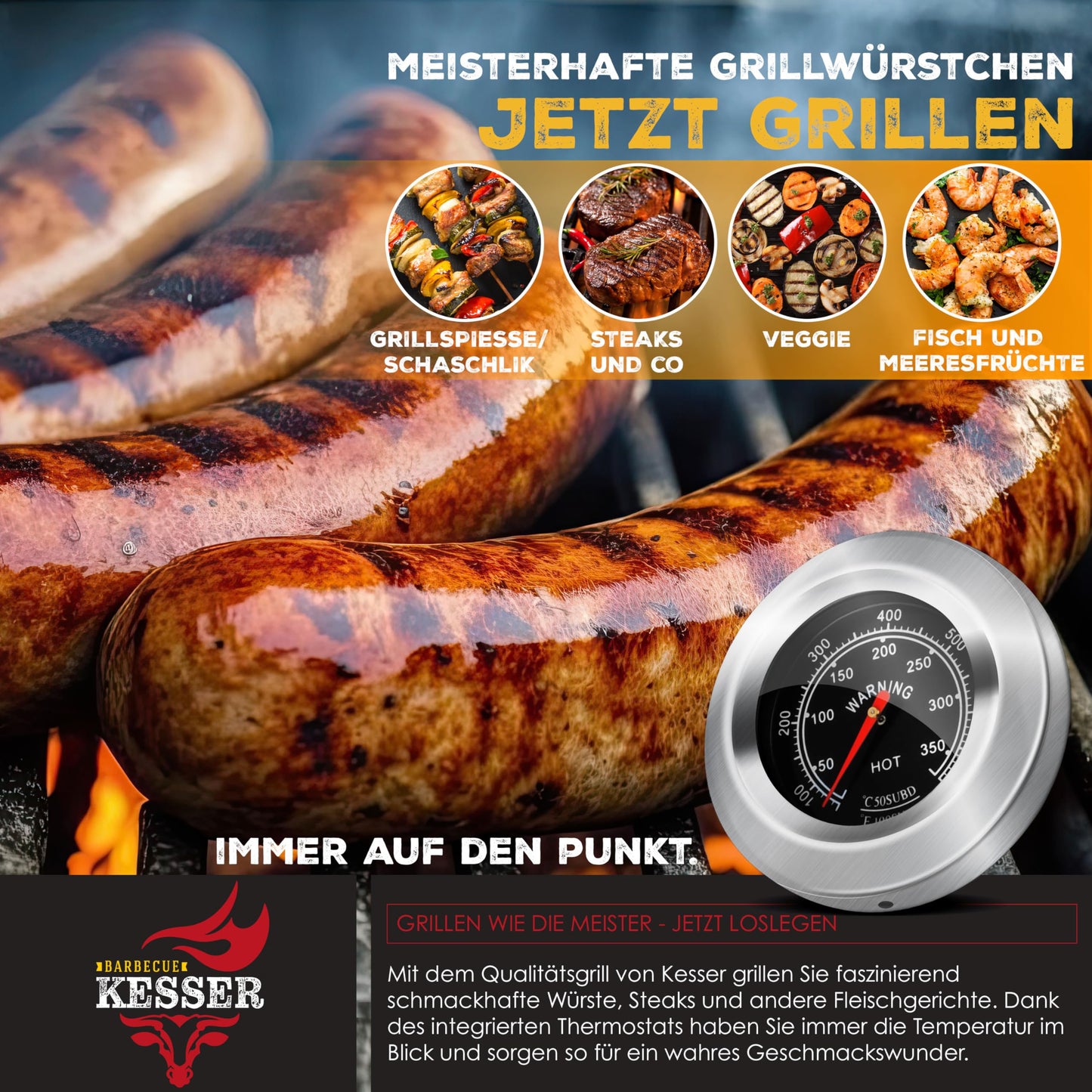 KESSER® Parrilla de Carbón con Carrito y Tapa, Ruedas y Mango de Acero Inoxidable, BBQ Grande para Camping, Terraza y Jardín, Con Termómetro, Color Negro