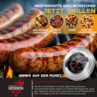 KESSER® Parrilla de Carbón con Carrito y Tapa, Ruedas y Mango de Acero Inoxidable, BBQ Grande para Camping, Terraza y Jardín, Con Termómetro, Color Negro