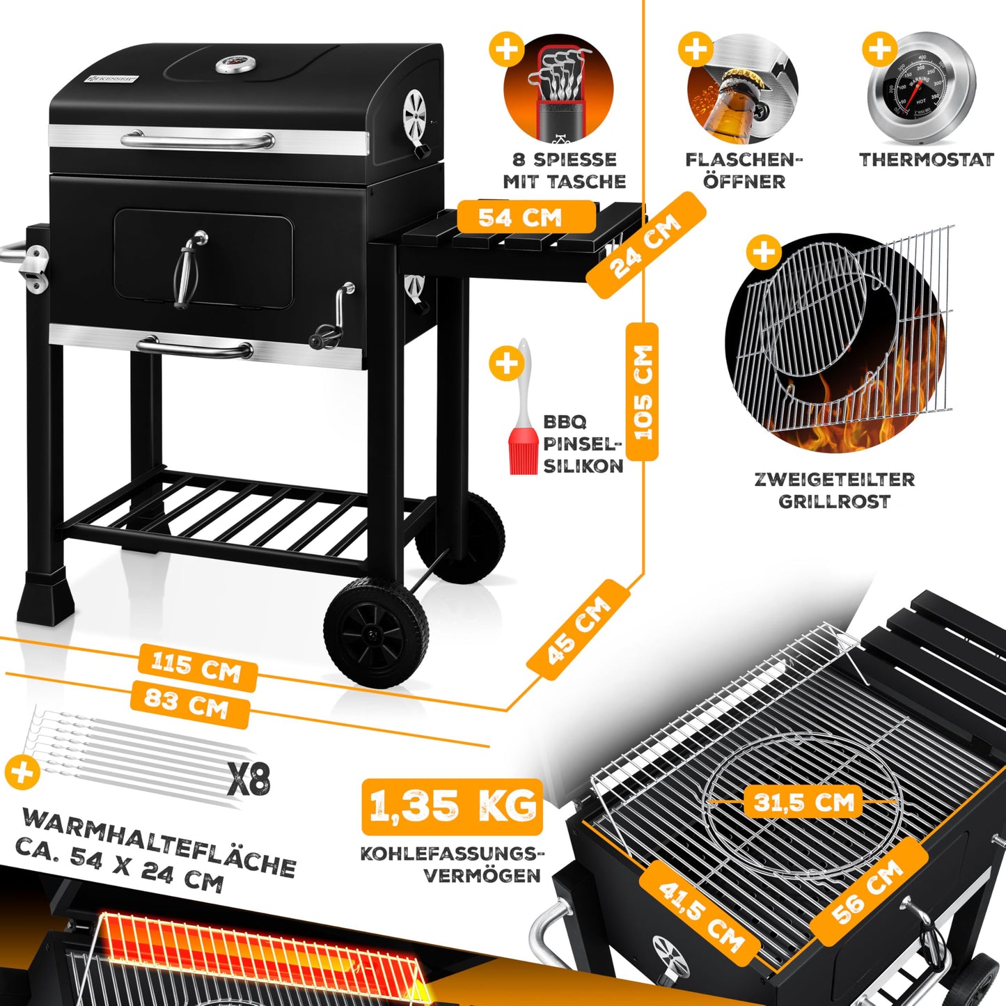 KESSER® Parrilla de Carbón con Carrito y Tapa, Ruedas y Mango de Acero Inoxidable, BBQ Grande para Camping, Terraza y Jardín, Con Termómetro, Color Negro