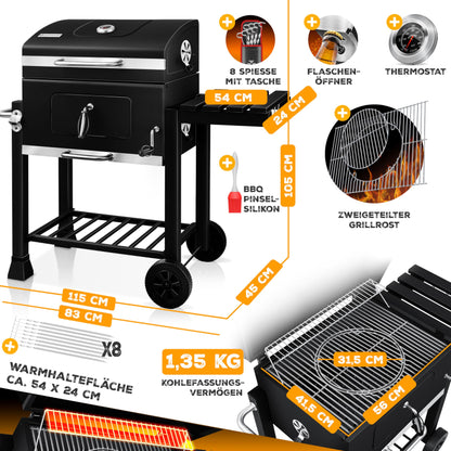 KESSER® Parrilla de Carbón con Carrito y Tapa, Ruedas y Mango de Acero Inoxidable, BBQ Grande para Camping, Terraza y Jardín, Con Termómetro, Color Negro
