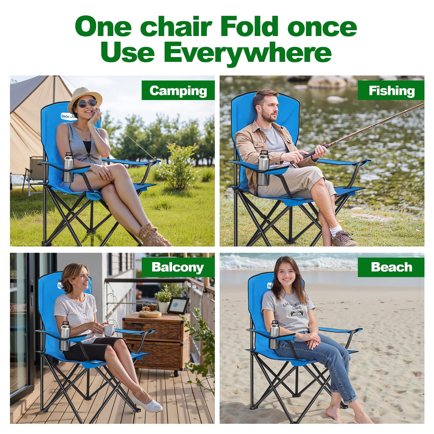 Beau Jardin Silla Plegable para Camping al Aire Libre, 150 KG, con Reposabrazos, Portavasos, Bolsillo Impermeable, Ligera y Portátil, Ideal para Playa, Acampada y Pesca, Color Azul