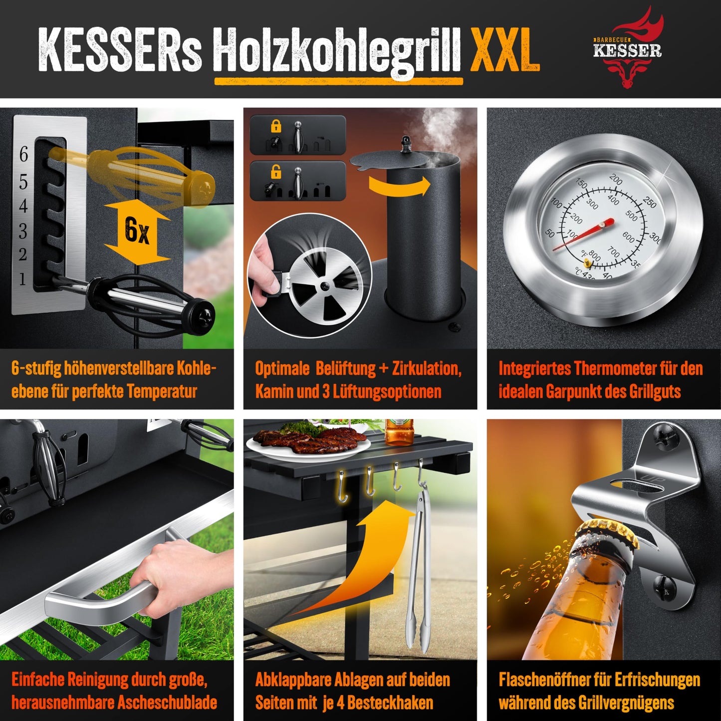 KESSER® Parrilla de Carbón con Carrito y Tapa, Ruedas y Mango de Acero Inoxidable, BBQ Grande con Termómetro para Camping, Terraza y Jardín, XXL, Color Negro