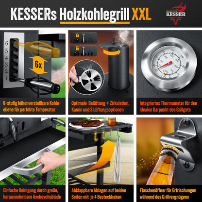 KESSER® Parrilla de Carbón con Carrito y Tapa, Ruedas y Mango de Acero Inoxidable, BBQ Grande con Termómetro para Camping, Terraza y Jardín, XXL, Color Negro