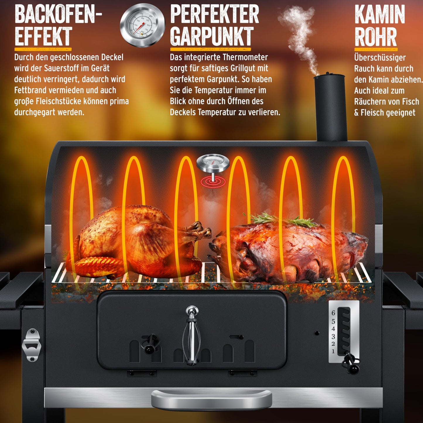 KESSER® Parrilla de Carbón con Carrito y Tapa, Ruedas y Mango de Acero Inoxidable, BBQ Grande con Termómetro para Camping, Terraza y Jardín, XXL, Color Negro