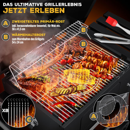KESSER® Parrilla de Carbón con Carrito y Tapa, Ruedas y Mango de Acero Inoxidable, BBQ Grande para Camping, Terraza y Jardín, Con Termómetro, Color Negro