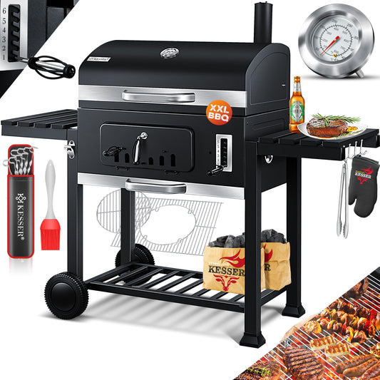 KESSER® Parrilla de Carbón con Carrito y Tapa, Ruedas y Mango de Acero Inoxidable, BBQ Grande con Termómetro para Camping, Terraza y Jardín, XXL, Color Negro