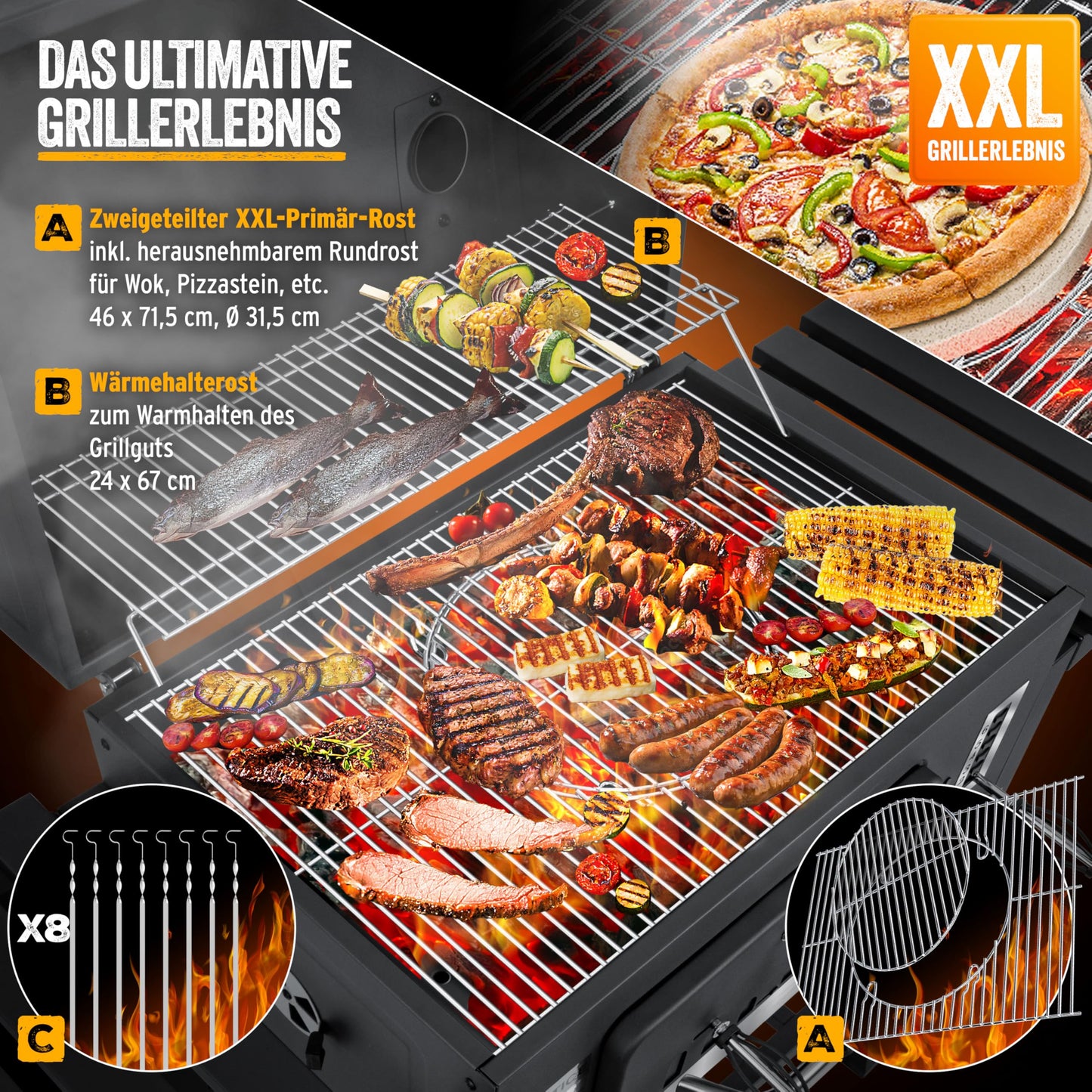 KESSER® Parrilla de Carbón con Carrito y Tapa, Ruedas y Mango de Acero Inoxidable, BBQ Grande con Termómetro para Camping, Terraza y Jardín, XXL, Color Negro