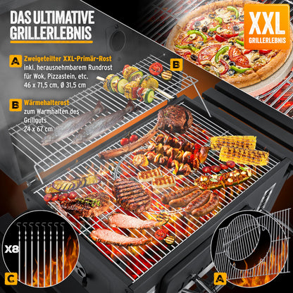 KESSER® Parrilla de Carbón con Carrito y Tapa, Ruedas y Mango de Acero Inoxidable, BBQ Grande con Termómetro para Camping, Terraza y Jardín, XXL, Color Negro
